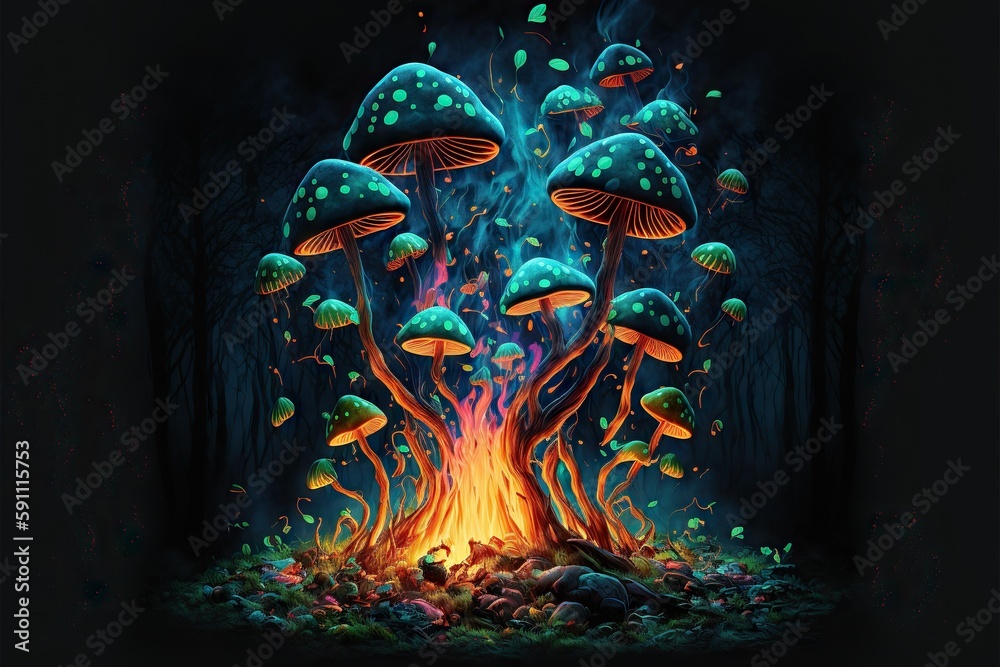 Canvas Prints psychedelic mushrooms burning in bonfire with green smoke in dark forest, created with generative ai