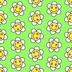 Smiling chamomiles vector seamless pattern. Best for textile, wallpapers, home decoration, wrapping paper, package and web design.
