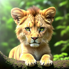 Fototapeta premium Cute and adorable little lion in forest. Generative AI