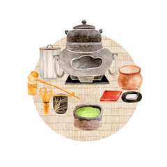 茶道の道具セット　水彩 イラスト