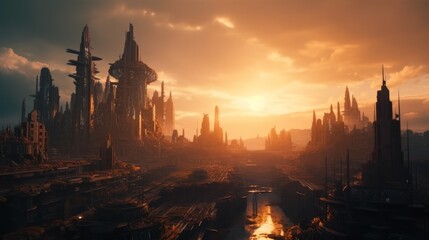 Fototapeta na wymiar Fantasy futuristic world dystopian city at sunset. Generative AI