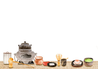 茶道道具　背景 フレーム3　水彩 イラスト