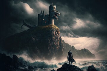 Dark lord castle and dragon in stormy nature landscape and small medieval knight on rock, created with generative ai