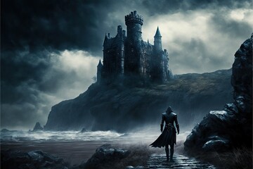 Dark gothic castle in stormy nature landscape and small medieval warrior on rock, created with generative ai