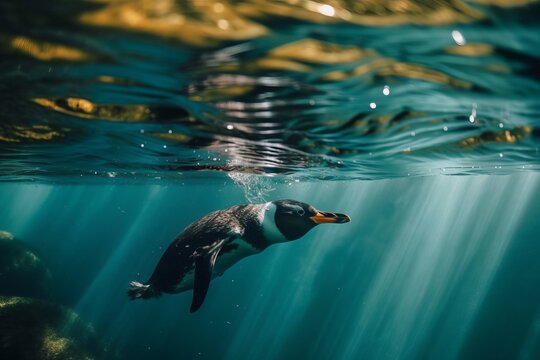 Penguin is swimming underwater. Beautiful illustration picture. Generative AI