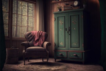 Old wooden cupboard and retro soft armchair in forest, created with generative ai