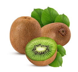 Two kiwi fruit one cut in half with leaf