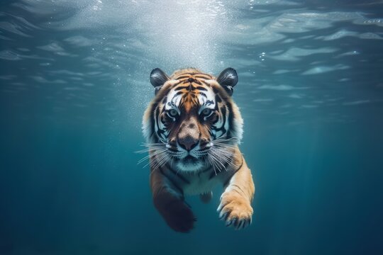 Tiger is swimming underwater. Beautiful illustration picture. Generative AI