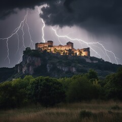 A Thunderstorm to Remember near Medieval Castle, Generative AI