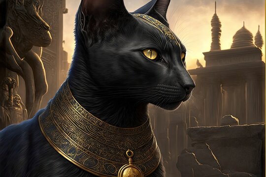 Beautiful black Egyptian cat with gold Egyptian symbols, created with generative ai