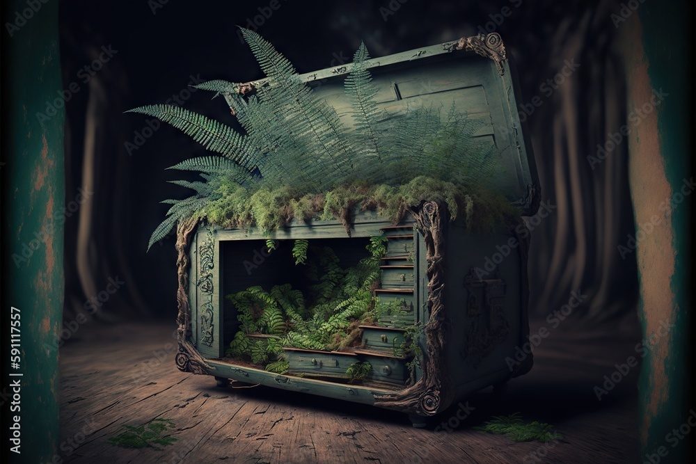 Wall mural surreal ferns growing inside open old chest standing on hut floor, created with generative ai