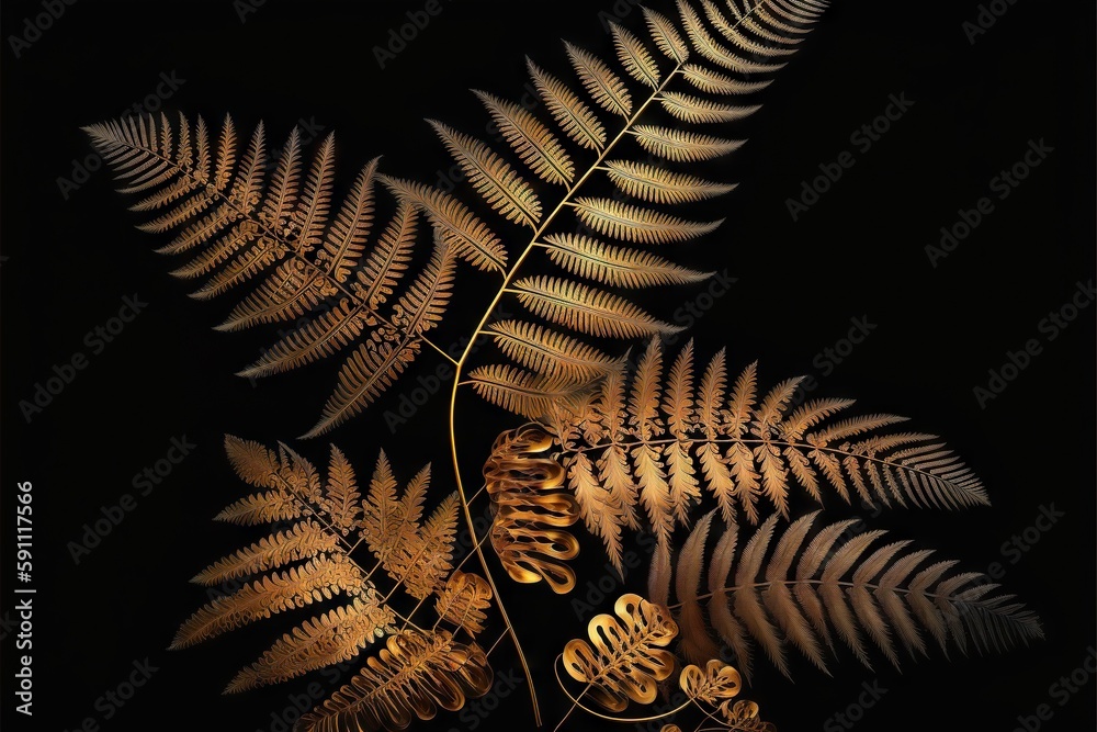 Canvas Prints golden fern leaves on black background, created with generative ai