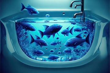 Beautiful blue fishes swimming in futuristic bathroom sink, created with generative ai