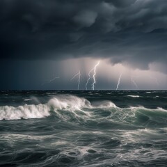 Nature's Fury in the Ocean, Thunderstorm in the Ocean, Generative AI - obrazy, fototapety, plakaty