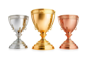 Golden, silver, bronze winner cup on a white isolated background, award for three places in the championship, Generative AI.
