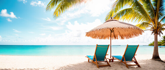 Obraz na płótnie Canvas Umbrella and deck chair under a palm tree on the beach of a tropical island with an azure sea, Generative AI.