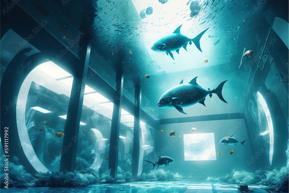 Poster underwater view of fishes swimming in indoor pool, created with generative ai
