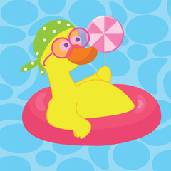 A funny duck floats on an inflatable circle in the lake and holds a lollipop. The duck is wearing glasses and a bandana with polka dots. Cheerful children's illustration in cartoon style.