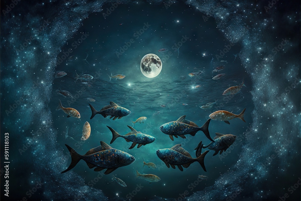 Poster Moon, stars and fishes floating in night sky, created with generative ai