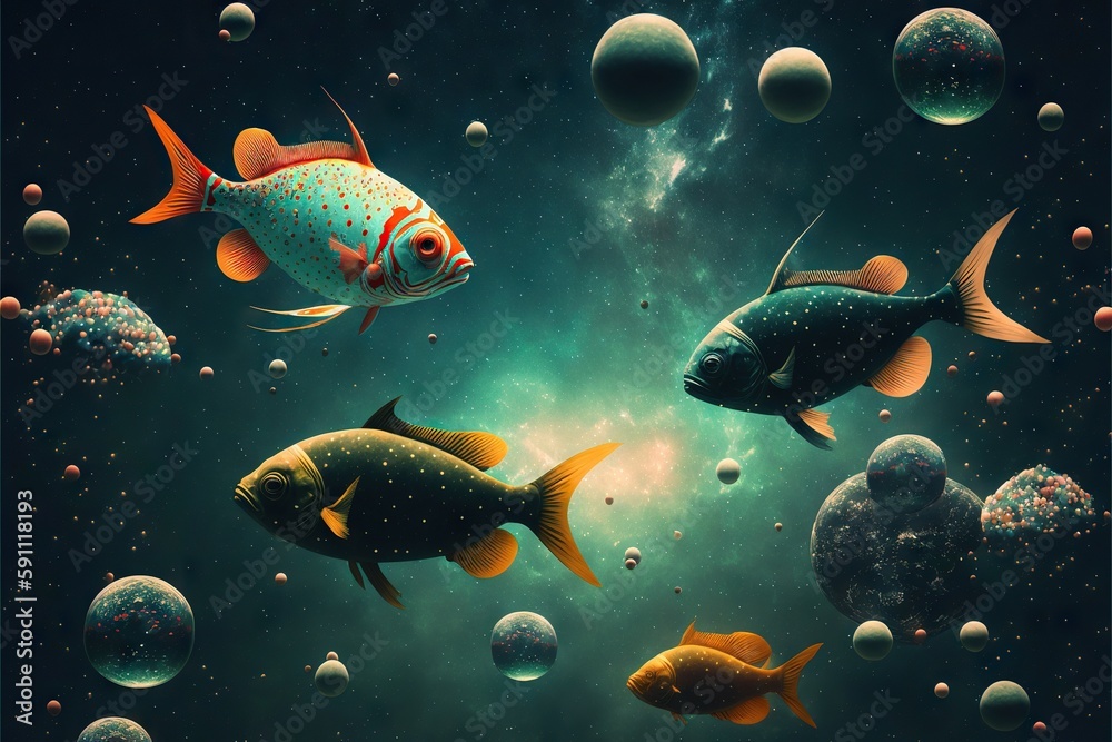 Wall mural fishes floating in outer space with planets and stars in retro style, created with generative ai