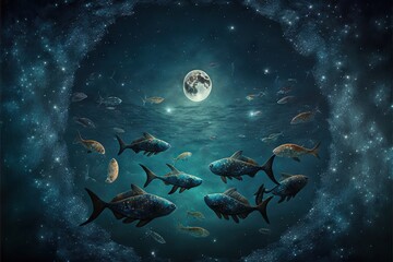 Moon, stars and fishes floating in night sky, created with generative ai