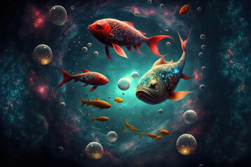 Fototapeta premium Colorful fishes floating in outer space with planets and stars, created with generative ai