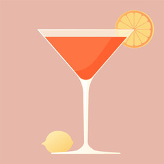 Cocktail drink with a slice og lemon. Cold drink for bar and party. Rose wine for event. Flat vector illustration with texture. simple retro cocktail poster