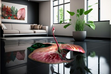 Beautiful three-dimensional anthurium hologram on floor in modern interior, created with generative ai