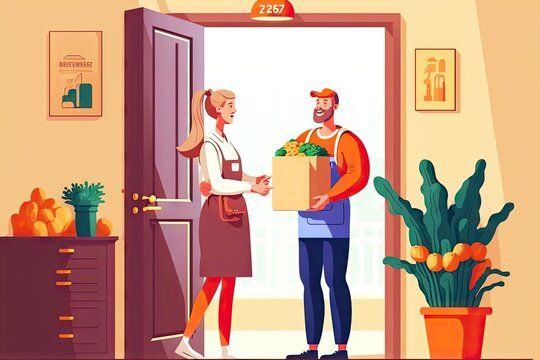 food delivery courier transferring order to woman in apartment, created with generative ai