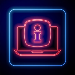 Glowing neon Laptop with information icon isolated on black background. Vector