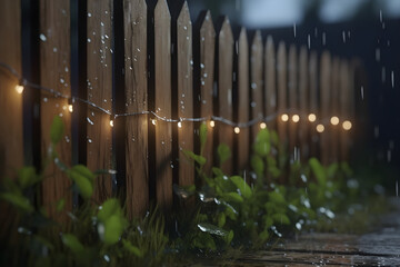 Wooden fence, natural lightning, rainy weather, Generative AI, generative, AI