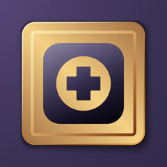 Purple Hospital signboard icon isolated on purple background. Gold square button. Vector