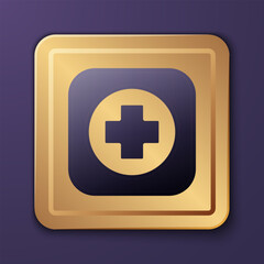 Obraz premium Purple Hospital signboard icon isolated on purple background. Gold square button. Vector