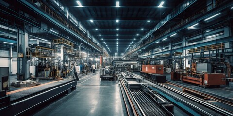 factory floor with machinery conveyor belts and workers in hard hats appeals to those interested in industrial production and automation, created with Generative AI technology - obrazy, fototapety, plakaty