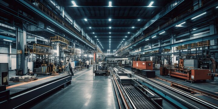 factory floor with machinery conveyor belts and workers in hard hats appeals to those interested in industrial production and automation, created with Generative AI technology
