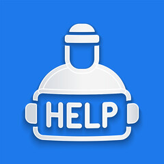 Paper cut Man with cardboard on the city street is asking for help icon isolated on blue background. Poor homeless beggar. Homelessness problem. Paper art style. Vector