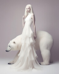 Snow white abstract elegant portrait of a young beautiful girl with a big dangerous polar bear. Gentle white color tones, women and wild animal. Generative AI.