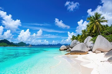 Paradise beach of a tropical island, palm trees, white sand, azure water. Famous stone beach in the Seychelles. Generative AI. - obrazy, fototapety, plakaty