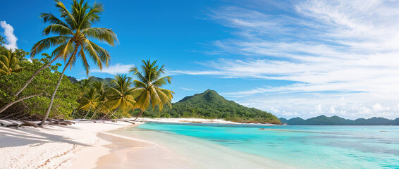 Fototapety  Paradise beach of a tropical island, palm trees, white sand, azure water, Generative AI.