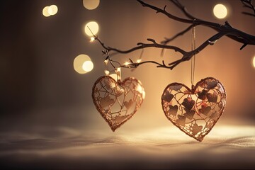 Beautiful and delicate heart shaped Christmas ornaments on tree branch, blurred background. Generative AI