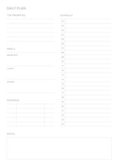 A daily plan design template in a modern, simple, and minimalist style. Note, scheduler, diary, calendar, planner document template illustration.