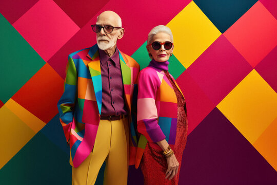Fashionable hipster fashion grandparents in elegant contemporary styling on vivid background, bright psychedelic colorful colors. An old couple posing as models. Generative AI.