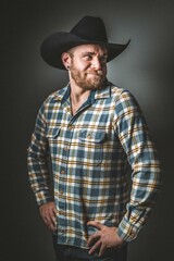 Rugged man in cowboy hat.  Studio session.