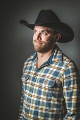Rugged man in cowboy hat.  Studio session.