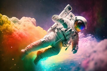 Colorful rainbow. Astronaut that is in space suit. Beautiful illustration picture. Generative AI