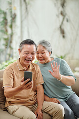 Joyful senior couple video calling their grandchildren or friends