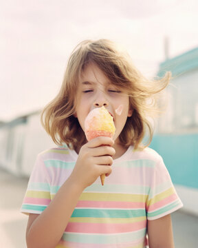 A sweet little child enjoying the summer sun, a delicious dessert, a melting ice cream cone. Summer refreshment and snacks on the beach. Generative AI.