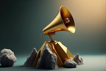 Megaphone lying on top of gold rock, created with generative ai