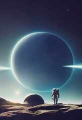 View of the another planet. Cosmonaut in space suit. Beautiful illustration picture. Generative AI