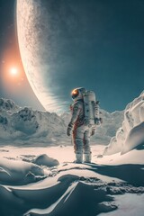 Snow covered surface. Cosmonaut in space suit. Beautiful illustration picture. Generative AI